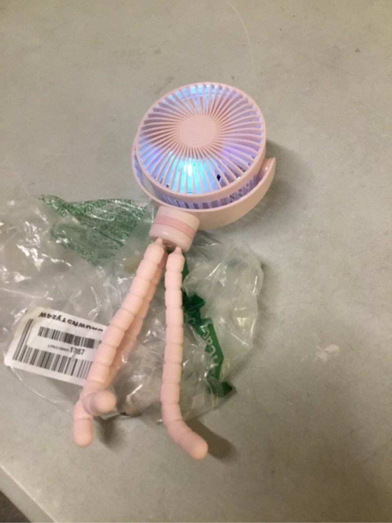 Condition photo showing As Is for incomplete missing usb cable ) momcozy 8000mah portable stroller fan, 27h ultra-long battery life detachable 4 speed 360°rotate led night light with 2 modes, usb rechargeable handheld cooling fan for travel/car seat/bedroom pinknsn eng n