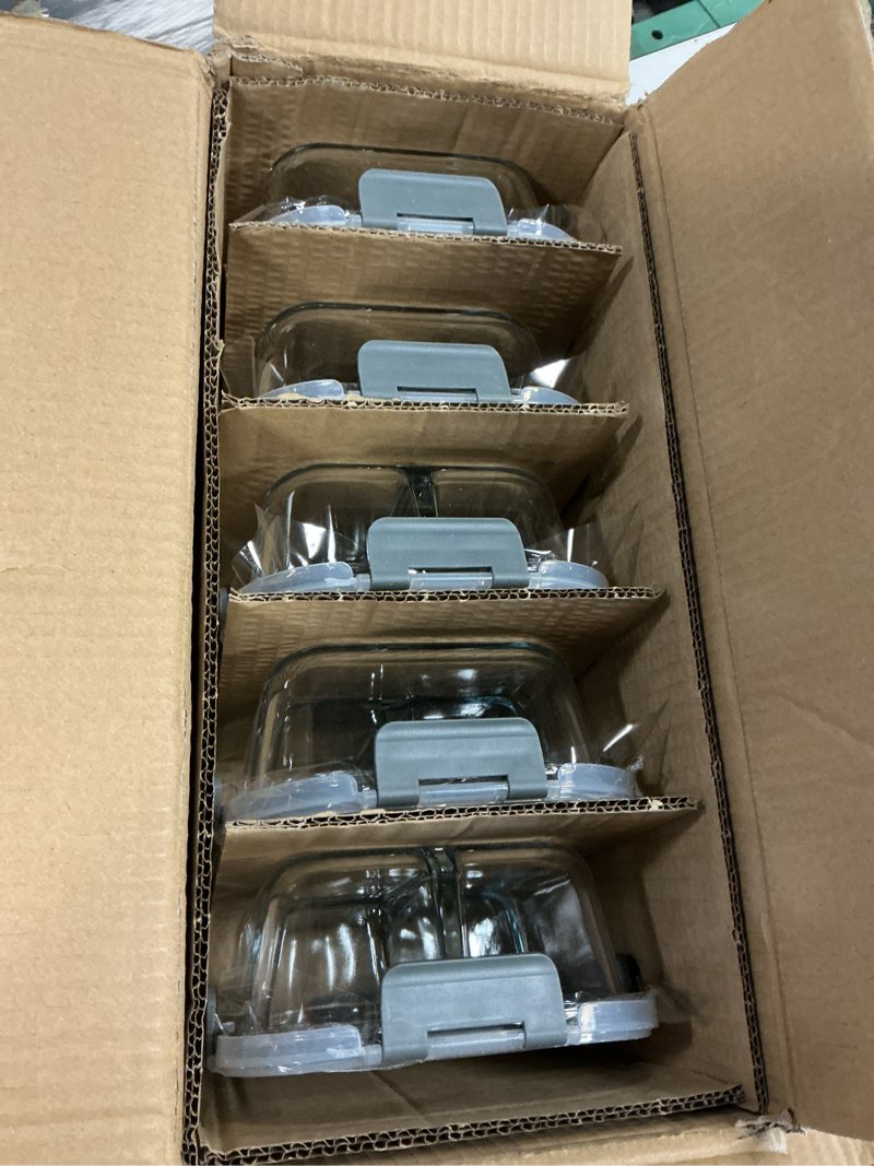 Condition photo showing New/Like New for verones 5 pack glass meal prep containers 3 compartment set, 36oz airtight glass lunch containers, glass food storage containers with lids, for microwave, oven, freezer & dishwasher friendly,grey