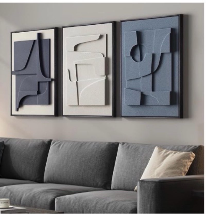 3D Textured Framed Blue and White Abstract Wall Art, 3 Piece Modern Artwork for Walls, Minimalist Na