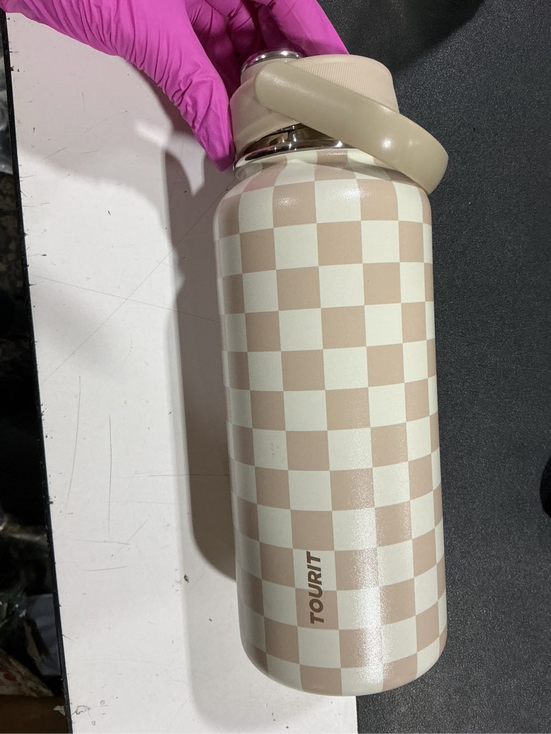 Condition photo showing Good Condition for tourit 32 oz insulated water bottle, stainless steel sports water bottles with top handle, double-wall travel thermal water flask, bpa free leakproof water bottle,light brown checkered light brown checkered 32 ounces