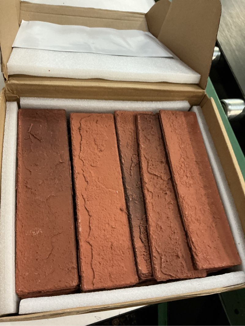 Condition photo showing Good Condition for 100 vintage brown/red faux brick wall tiles, 3d thin brick veneers for bedroom, bathroom, kitchen, fireplace and fence wall panels (14.2 sq ft) 100 pieces, 8.66"x2.36"x0.15" red/brown