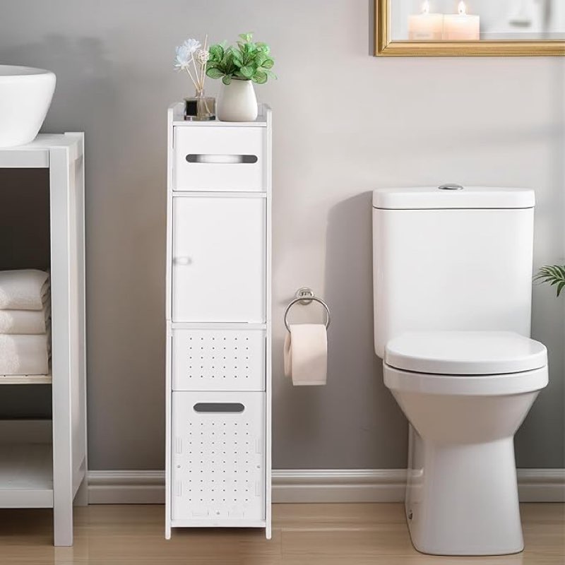 ShellKingdom Toilet Paper Holder Stand with Trash Can, Slim Bathroom Storage Cabinet Shelves, Storage Cabinet for Bathroom Small Spaces, 33.5 x 8.7 x 6.7 inch