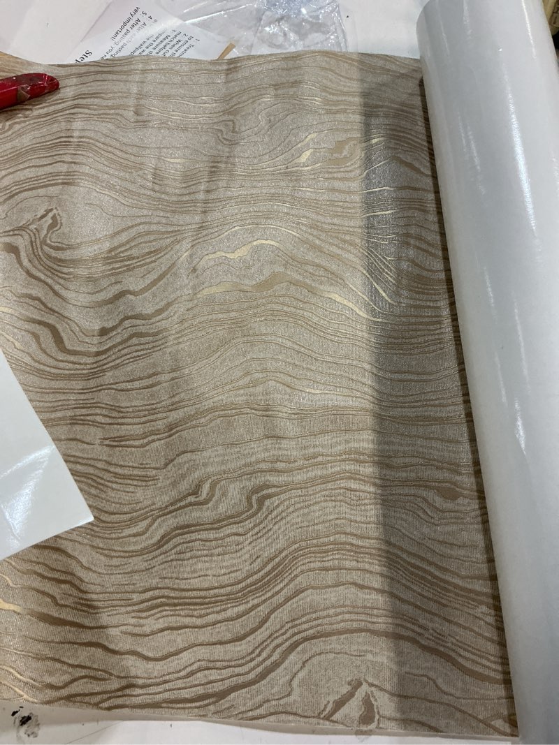 Condition photo showing Good Condition for gold khaki wood peel and stick wallpaper stripe, 20.8" x 118" (53cm x300cm), removable, self-adhesive, 3d, modern, rustic, industrial, bathroom, bedroom, decorating 20.8" x 118" gold khaki