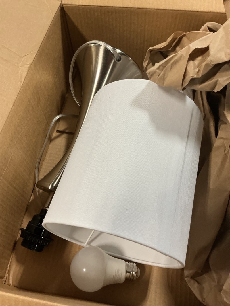 Condition photo showing As Is for Touch Control Table Lamp, 3-Way Dimmable Bedside Lamp for Living Room, Modern Nightstand Lamp for Bedroom, Silver Table Lamp with White Shade, Desk Lamp for Dorm, Home, Office, 3000K LED Bulb Included Silver Base with White Shade