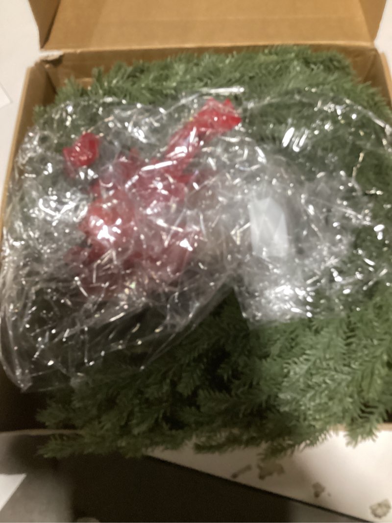 Condition photo showing New/Like New for Christmas Wreath with Lights, 26 in Norfolk Pine Wreath for Front Door, Large Greenery Wreath with Red Bow, Bell, Real Touch Artificial Wreaths for Indoor Outdoor Holiday Decor, FF11