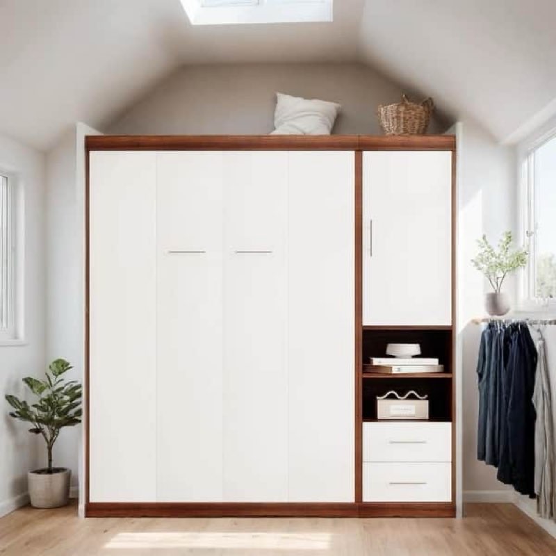 ((Incomplete box 2 of 3 )) Full Size Murphy Bed Wall Bed with Cabinet, White