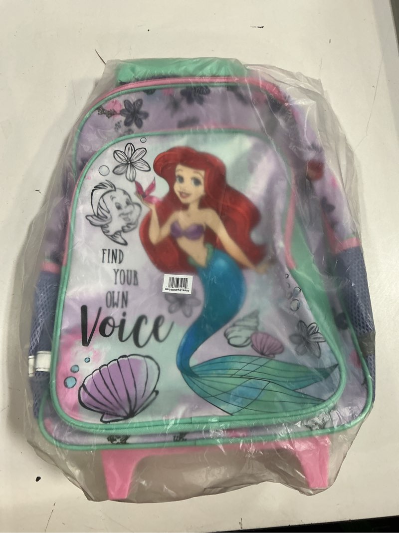 Condition photo showing New/Like New for bioworld the little mermaid ariel find your voice 16" rolling travel backpack disney find your own voice