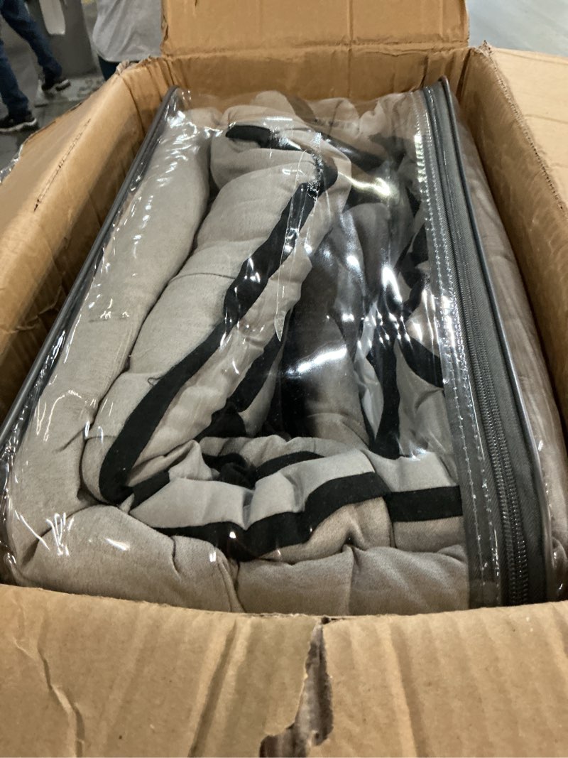 Condition photo showing Good Condition for madison park cozy comforter set casual blocks design all season, matching bed skirt, decorative pillows, queen(90"x90"), dune suede, black grey, 7 piece dune black/grey queen