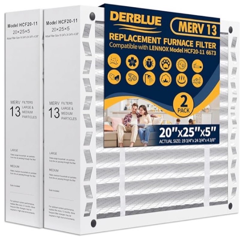 DerBlue 2PACK 20x25x5 MERV 13 Furnace Filter Replacement Compatible with Lennox X6673 HCF20-11 Pleat