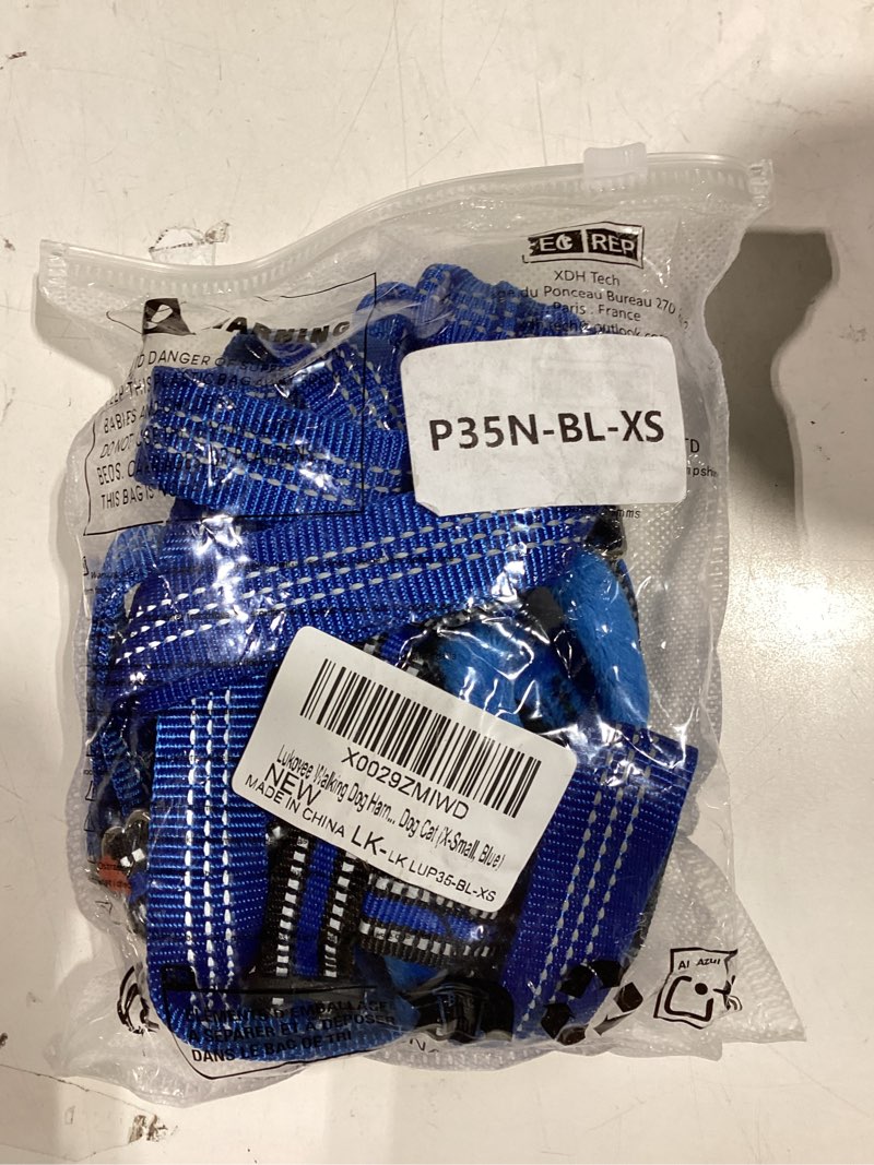 Condition photo showing Good Condition for lukovee no pull dog harness and leash set, soft padded small dog harness, neck & chest adjustable reflective vest puppy harness with 4ft lightweight anti-twist dog leash for small dogs (xs, blue) xs ( chest 14'' ~ 18'') blue