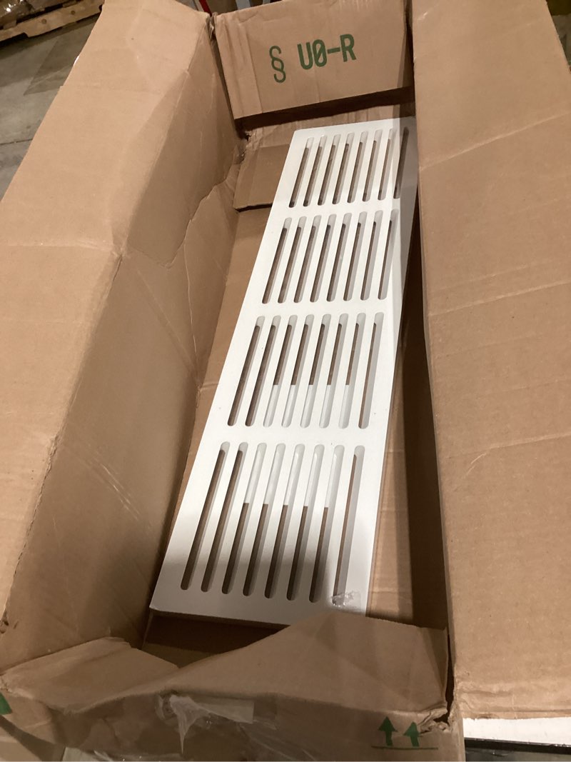 Condition photo showing Good Condition for return air grill 30x6 duct opening (3/4” x 32'' x 8 1/2" overall size), noise free-high airflow vent cover, wide & angled/slots, made from 3/4” thick mdf, sanded & primed, ready to paint 30"x6"