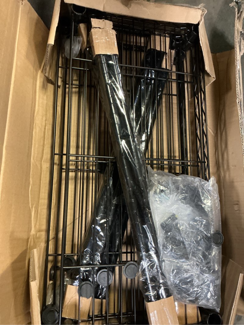 Condition photo showing Good Condition for amazon basics 5-shelf heavy duty garage shelving storage rack with 4" wheel casters, adjustable metal wire organizer, 300 lbs per shelf, 30" x 14" x 64.75", black 5-shelf black