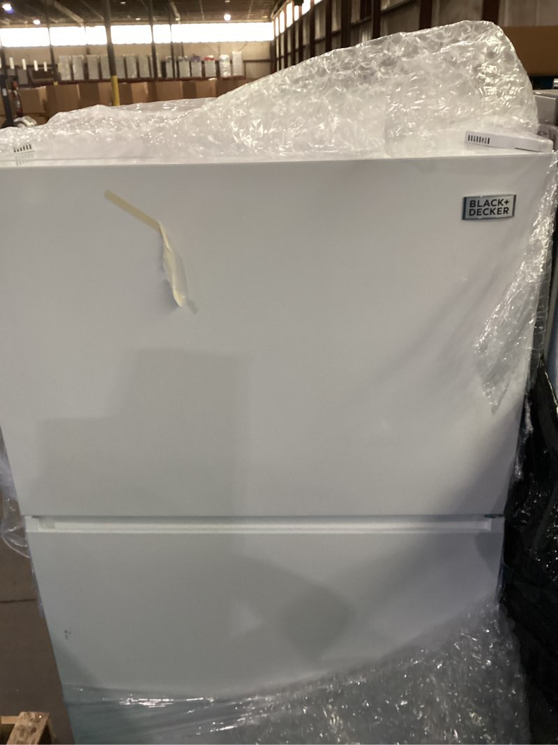 Condition photo showing As Is for *damaged *black+decker 24 cu. ft. top mount refrigerator with ice maker, 2-door refrigerator with top freezer, freezer with icemaker and adjustable temperature control, br2400jimw, white white 24 cu. ft. with ice maker