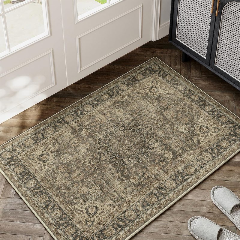 2x3 washable area rug brown vintage non slip soft low pile small rug for entryway kitchen bathroom distressed oriental throw carpet for living room bedroom home dec