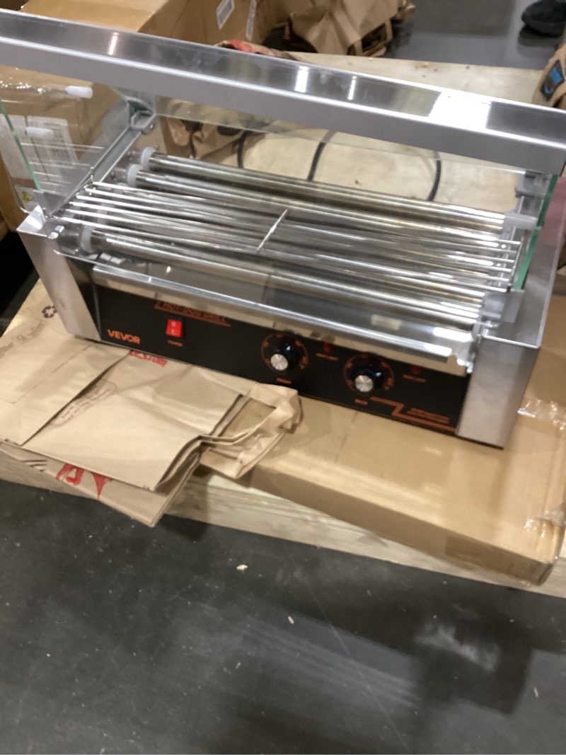 Condition photo showing As Is for vevor hot dog roller 5 rollers 12 hot dogs capacity, 750w stainless sausage grill cooker machine with dual temp control glass hood acrylic cover bun warmer shelf removable oil drip tray etl certified 5 rollers+cover