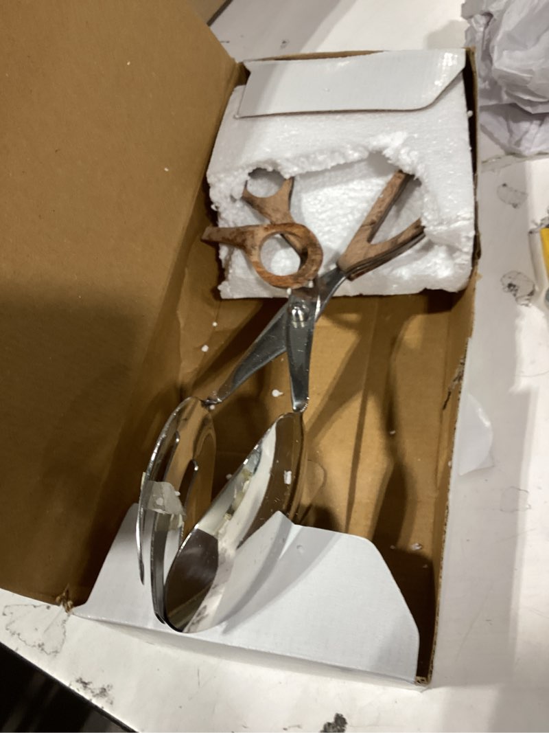 Condition photo showing Good Condition for folkulture salad tongs for cooking | 11.5" heat resistant kitchen tongs, salad server or metal serving utensil | stainless steel cooking accessory for home, buffet & bbq | wooden