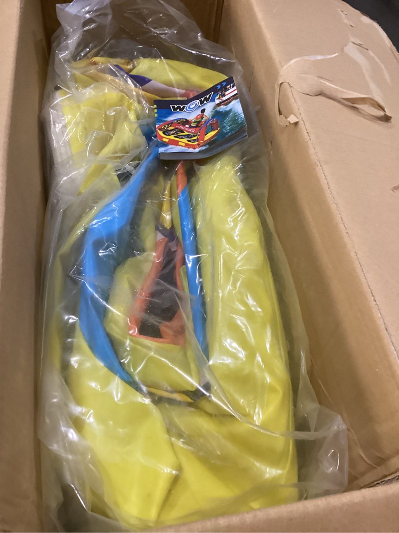 Condition photo showing New/Like New for wow sports giant inflatable floating water slide - 2 lanes - 9 ft - hi-vis graphics - kids & adults | floats in the pool and locks to the wall. hi-vis graphics; for kids and adults.