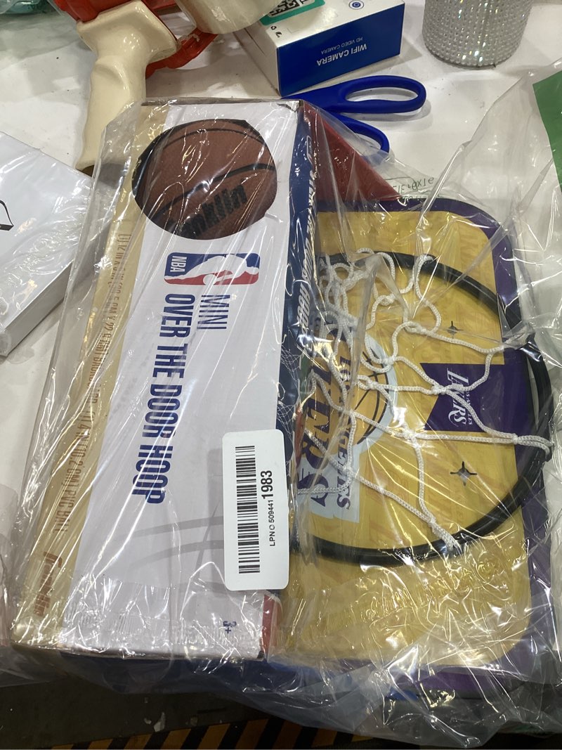 Condition photo showing Good Condition for franklin sports nba team over the door basketball hoop - kids indoor mini basketball hoop with basketball - nba fan shop mini hoop for bedroom & office los angeles lakers