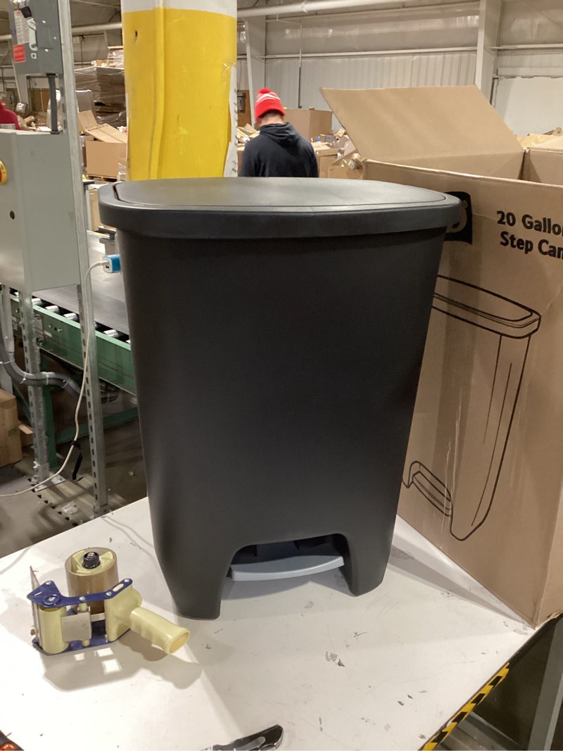 Condition photo showing As Is for Glad 20 Gallon Trash Can - Plastic Kitchen Waste Bin with Odor Protection of Lid - Hands Free with Step On Foot Pedal and Garbage Bag Rings, Black Black 20 Gallon