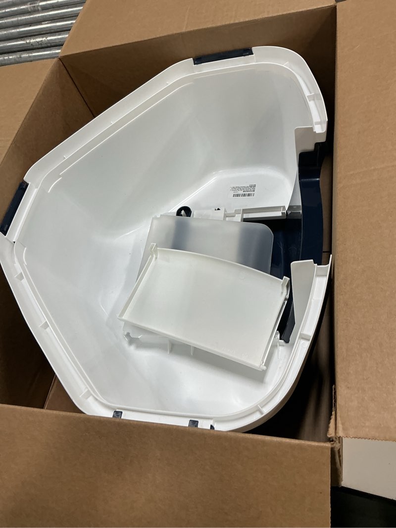 Condition photo showing As Is for iris usa cat litter box - enclosed corner litter box with scoop, hooded litter tray for corners, space-saving covered litter box, odor defensive, navy/white corner enclosed navy