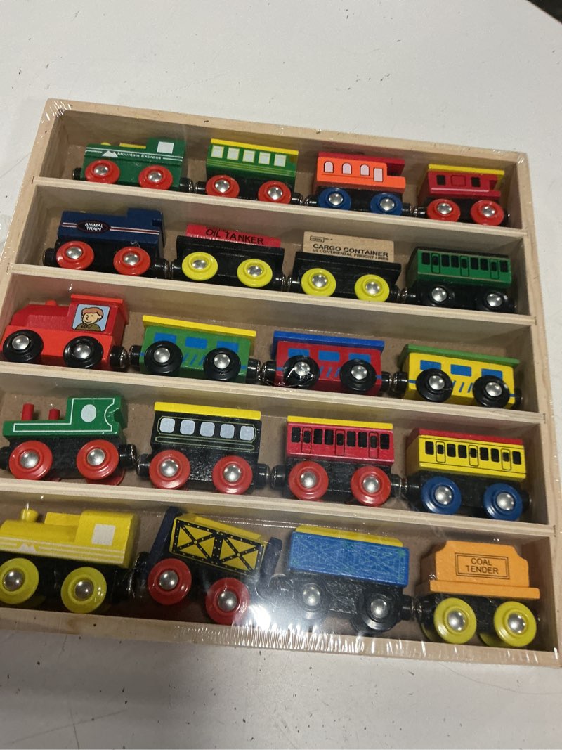 Condition photo showing New/Like New for wooden train set - 80 pc train tracks & accessories, magnetic trains cars for toddlers & older kids - compatible with thomas, melissa & doug, brio, chugginton wood train sets