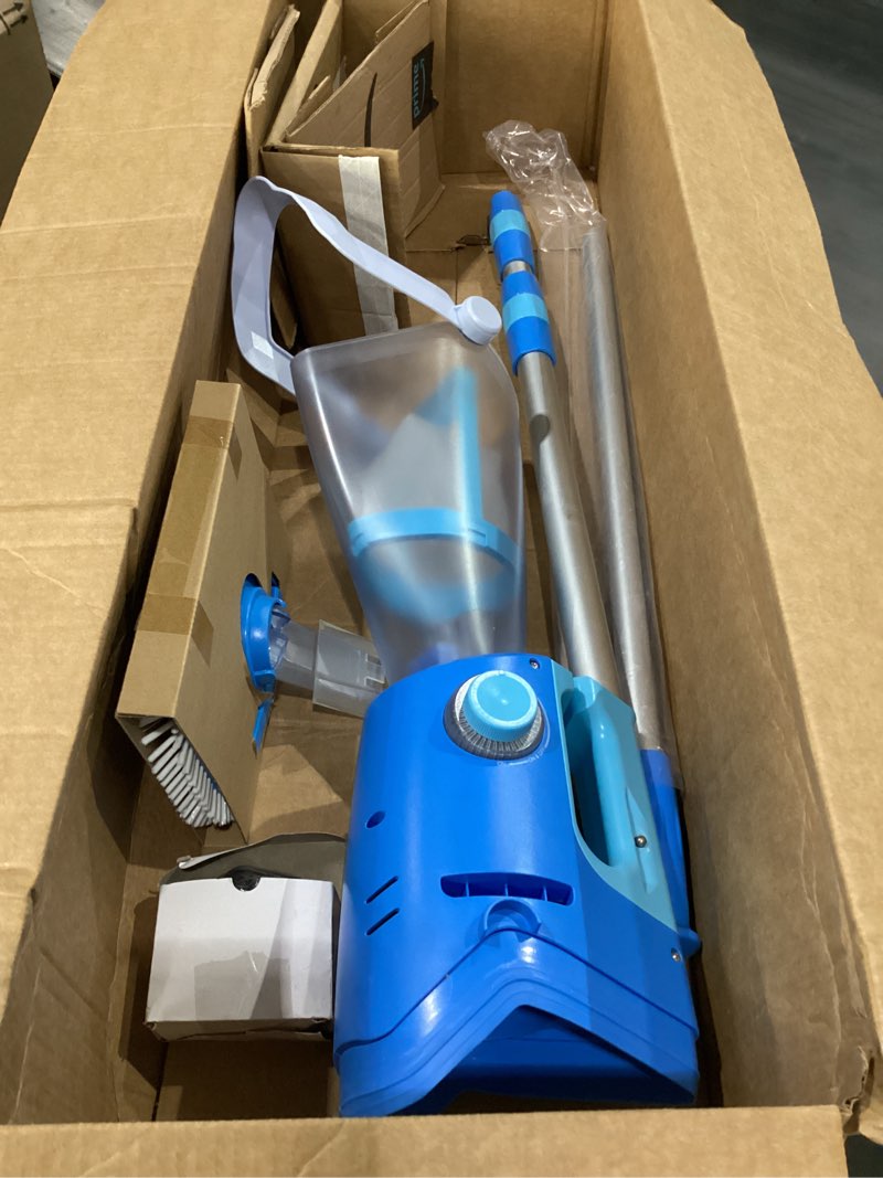 Condition photo showing As Is for bielmeier handheld pool vacuum with telescopic pole, updated swimming pool cleaner 19 gpm powerful suction, cordless pool vacuum for cleaning above ground pools, inground pools, spas, hot tubs blue