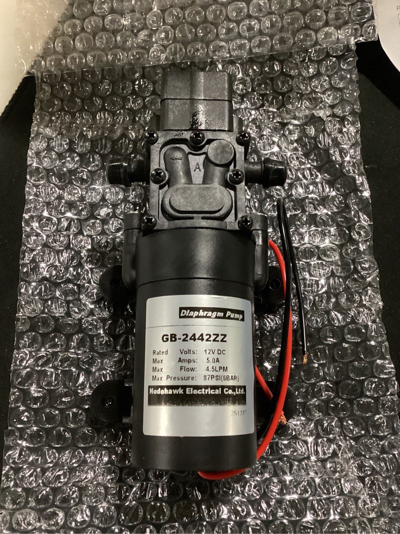 Condition photo showing Good Condition for dc 12v diaphragm pump, self-priming sprayer pump, 1.2 gpm 87 psi pressure switch adjustable water pump, with 2 hose clamps, for rv camping shower garden irrigation black 6.7"l x 3.7"w x 2.55"h