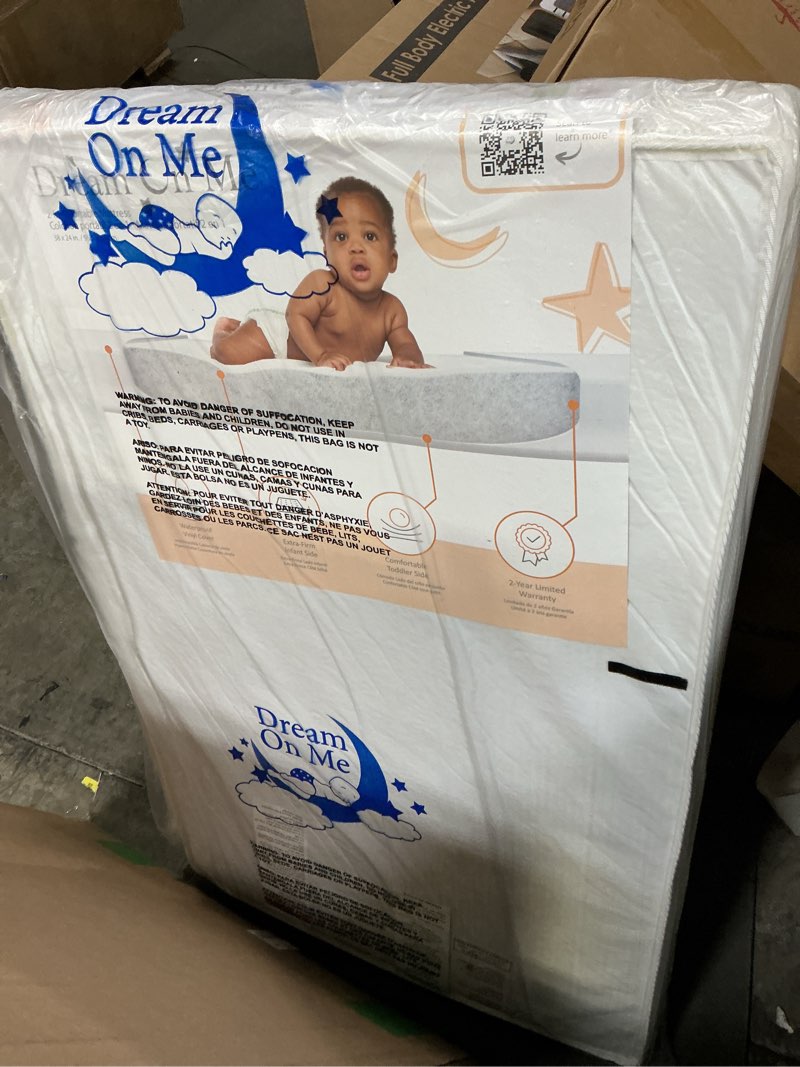 Condition photo showing New/Like New for dream on me sunset 3” extra firm mini/portable crib mattress, fiber core, greenguard gold & jpma certified, fits mini & portable cribs, waterproof vinyl cover, 10-year limited warranty