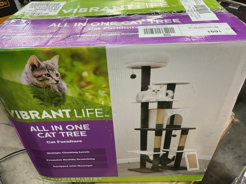 Condition photo showing As Is for vibrant life 6-lvl 65" large cat tree with condo,jute scratching posts,ramp,hammock,off-white/brown