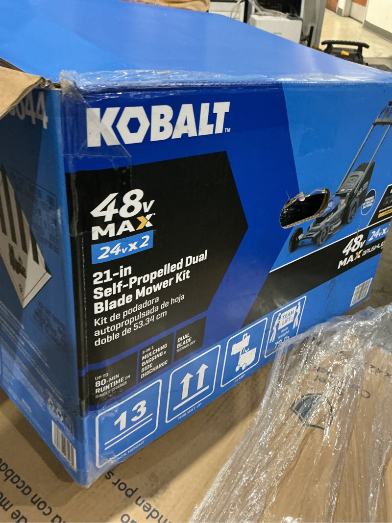 Condition photo showing As Is for kobalt 80-volt 21-in self-propelled battery lawn mower, (1) 4 ah and (1) 5 ah batteries included