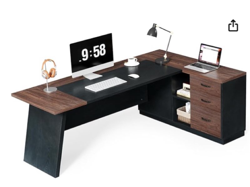 LITTLE TREE 78-Inch Executive Office Desk with File Cabinet, Large Modern Corner Office Desk for Home Office, 3-Drawer Wood File Cabinet, Spacious Workstation for Home Office (Brown & Black (Incomplete, Box 1/2 )