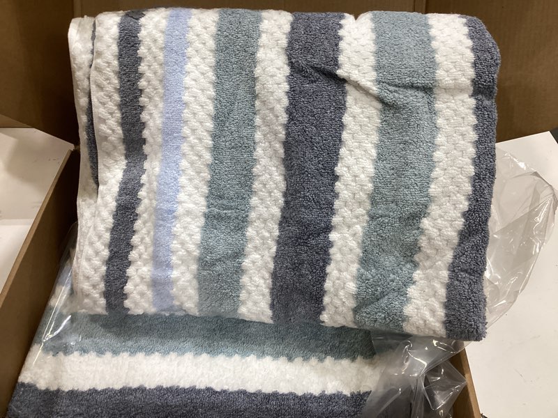 Condition photo showing Good Condition for striped bath towels (4pc, 28"x52") - quick dry | absorb | lightweight | 540gsm | soft, cotton polyester blend bath towels, decorative bath towel with hanging loops, blue-grey stripes + white checkered 4 pc bath towel set blue-gray and white