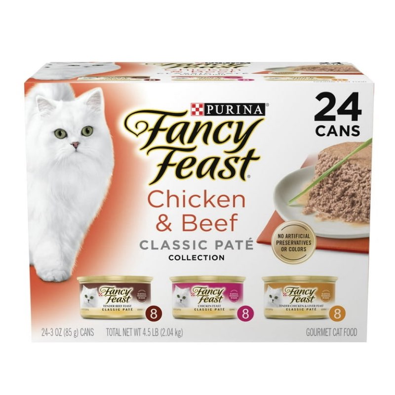 ( best before :02/2028) purina fancy feast classic pate cat food, wet cat food, chicken & beef, 3 oz cans (24 pack)