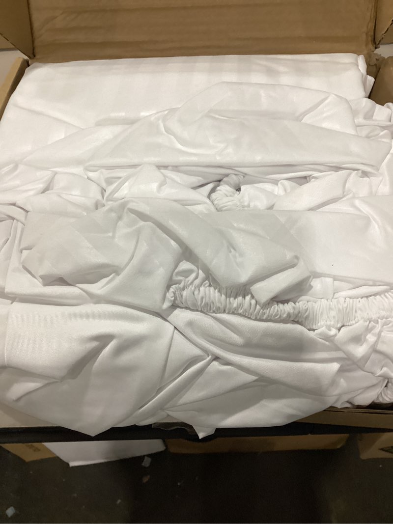 Condition photo showing As Is for amazon basics soft, comfortable queen size bed sheets, deluxe microfiber, 4-piece, bright white striped bright white striped queen