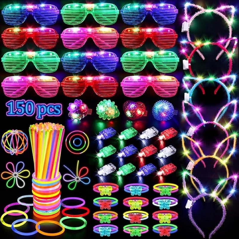 Honoson 150 Pcs Glow in the Dark Party Supplies, Light up Glasses Glow Sticks LED Headbands for Neon