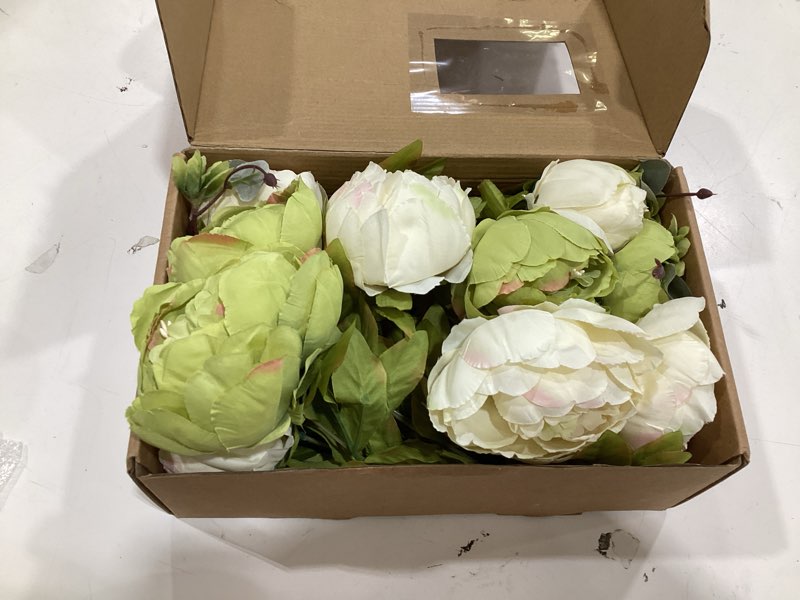 Condition photo showing Good Condition for fiveseasonstuff artificial peony bouquets, 2 cream beige & moss green silk flower bundles for wedding centerpieces & home decor – vintage peonies mixed beige and green