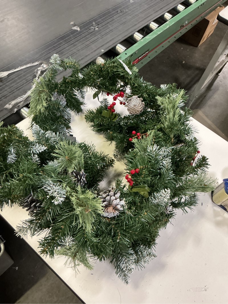 Condition photo showing As Is for [9 Foot Artificial Christmas Garland] - Red Magnolia Collection - Red and Gold Decoration - Pre Lit with 100 Warm Clear Colored LED Mini Lights - Includes Remote Controlled Battery Powered Timer