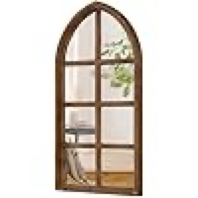 Farmhouse Cathedral Window Pane Mirror Wall Decor 18 X 36 Inch, Hanging Distressed Wood Arched Window Mirror, Decorative Wall Mirrors for Living Room Bedroom Entryway