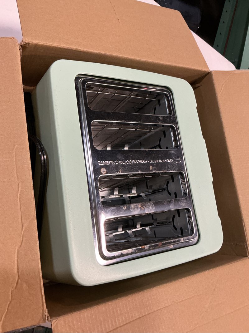 Condition photo showing As Is for BELLA 4 Slice Toaster with Auto Shut Off - Extra Wide Slots & Removable Crumb Tray and Cancel, Defrost & Reheat Function - Toast Bread & Bagel, Sage Sage 4 Slice Toaster