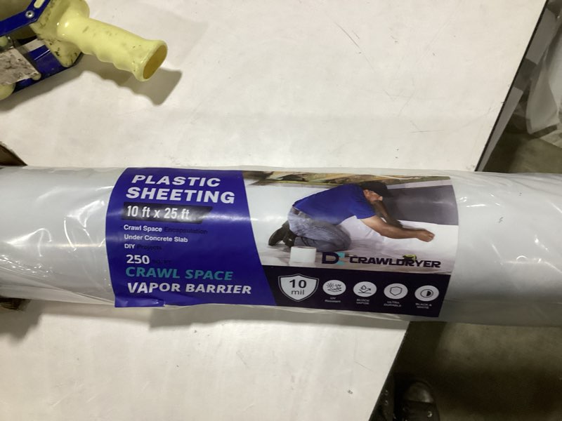 Condition photo showing New/Like New for crawl space vapor barrier - 10 mil (10' x 25'), thick plastic sheeting, drop cloth moisture barrier covering for crawl space encapsulation, heavy duty polyethylene film, black and white panda film