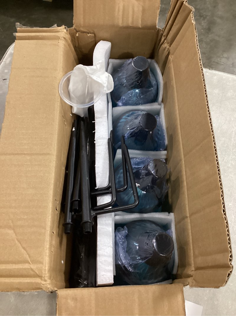Condition photo showing Good Condition for 4 pack glass garden torch , 13.5 oz blue outdoor torch garden décor , 61-inch upgraded citronella torches with 3-prong grounded stake , metal light torches for party patio pathway