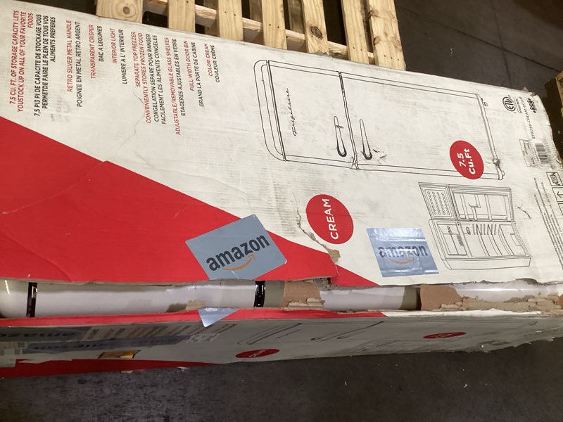 Condition photo showing As Is for frigidaire efr753 retro apartment size refrigerator with top freezer - 2 door fridge with 7.5 cu ft of storage capacity, adjustable spill-proof shelves, door & crisper bins, cream