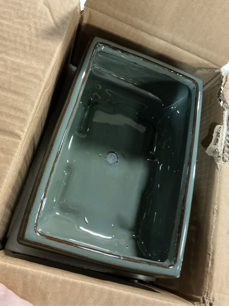 Condition photo showing Good Condition for ceramic bonsai pots with drainage hole set of 2, green glazed bonsai planters for indoor/outdoor use, rectangular shallow bonzai tree pot for succulent, orchids, cacti, home, patio, garden, 8.7"x5.9" green 8.7"x5.9"x3.1"