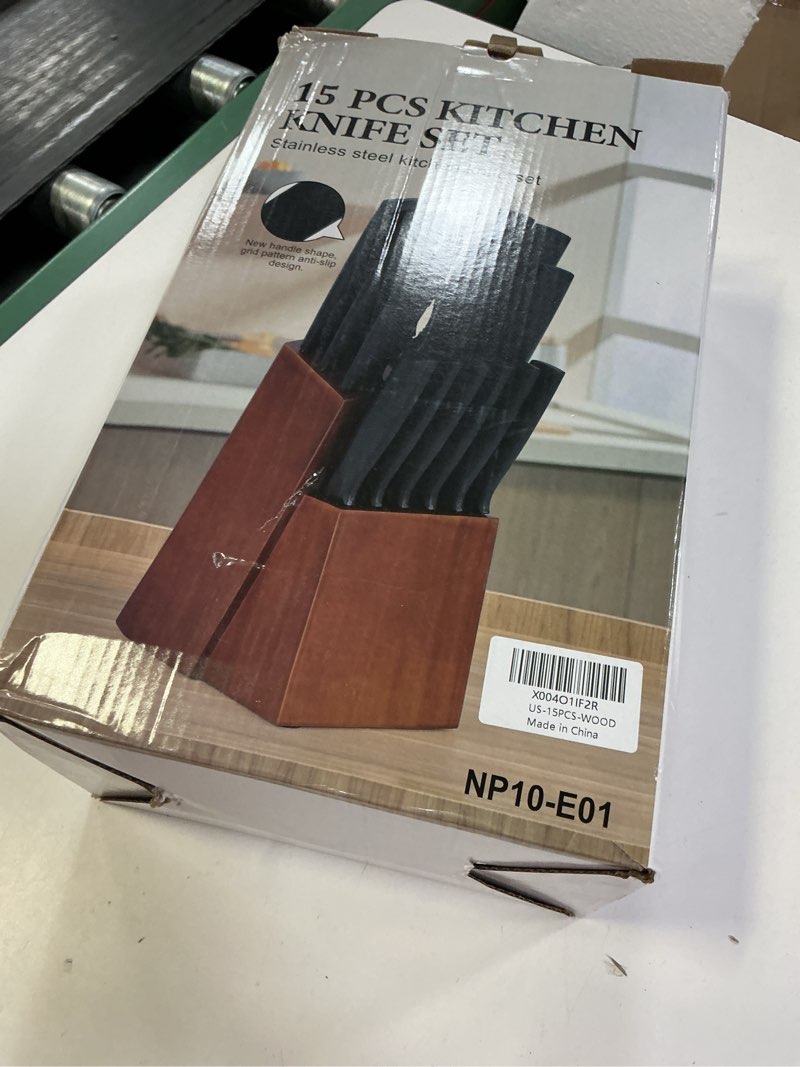 Condition photo showing New/Like New for kitchen knife set, 15pcs chef knife set with block and sharpener, high carbon stainless steel ultra sharp knives for kitchen includes 6 steak knives, anti-slip handle, black wood-15pcs