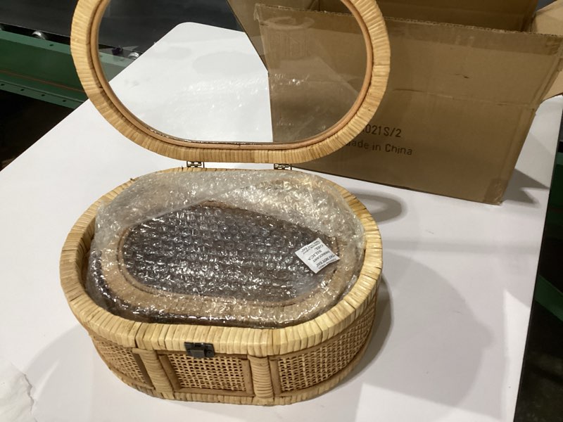 Condition photo showing New/Like New for SOFE Oval Rattan Boxes with Glass Lid Set of 2, Farmhouse Stacking Decorative Boxes for Home Decor Organizers, Handwoven Boho Storage Bins, Thanksgiving, Christmas, Housewarming Gifts Brown