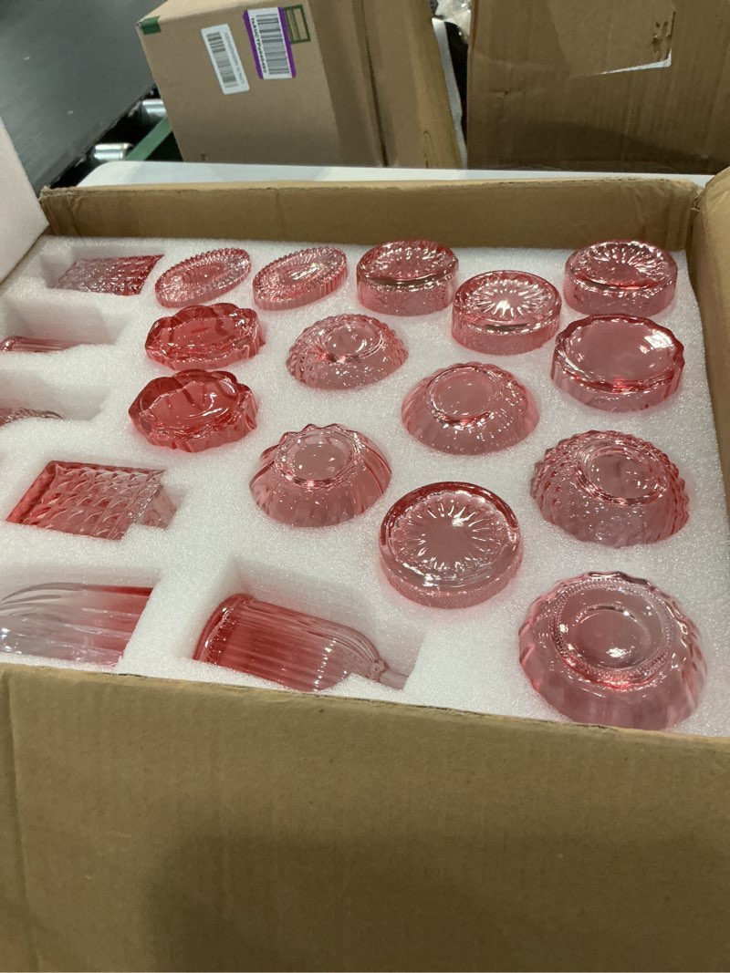Condition photo showing Good Condition for 36pcs valentine's day bud vases set small vintage glass bottles pink bud vases in bulk multiple shape cute glass vases for rustic wedding centerpieces table decorations and home decor(pink)