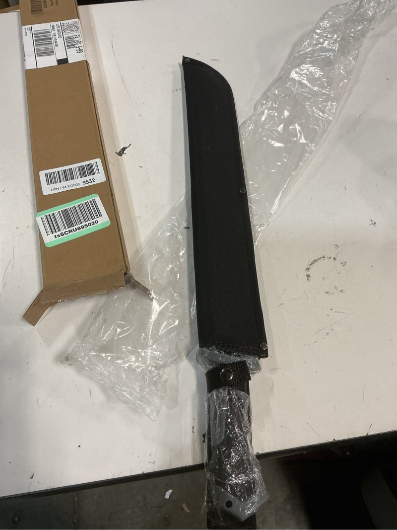 Condition photo showing New/Like New for machete for bushcraft, 24 inch survival knife with saw for yard work, gardening heavy duty machete with no-slip handle and sheath for hunting, outdoor tree cutting esvopa