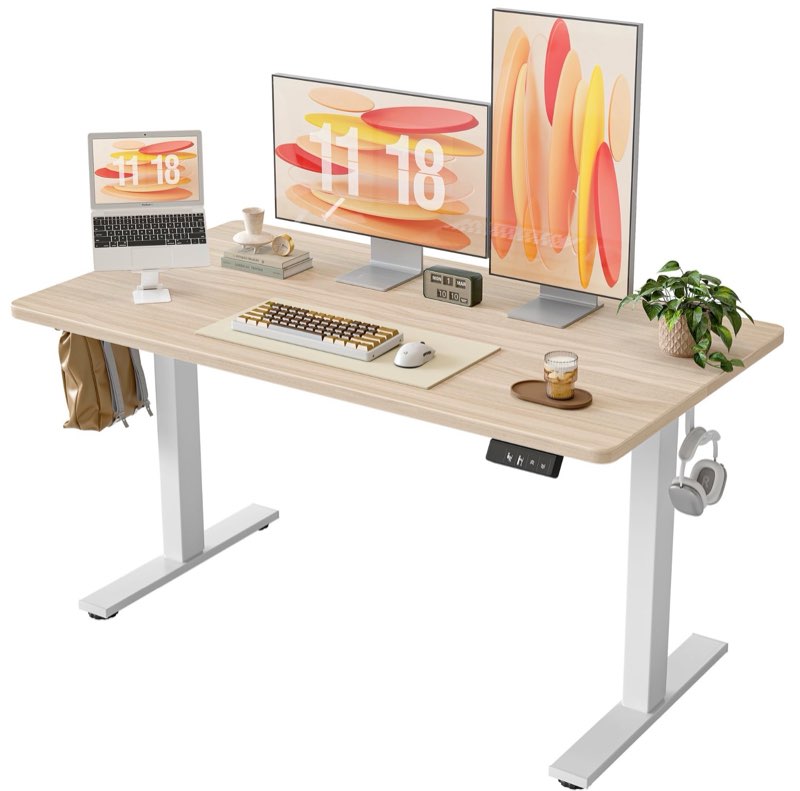 TIQLAB 55 * 28 Inches Standing Desk, Adjustable Height Stand up Desk,Sit Stand Home Office Table with Splice Board, Light Walnut