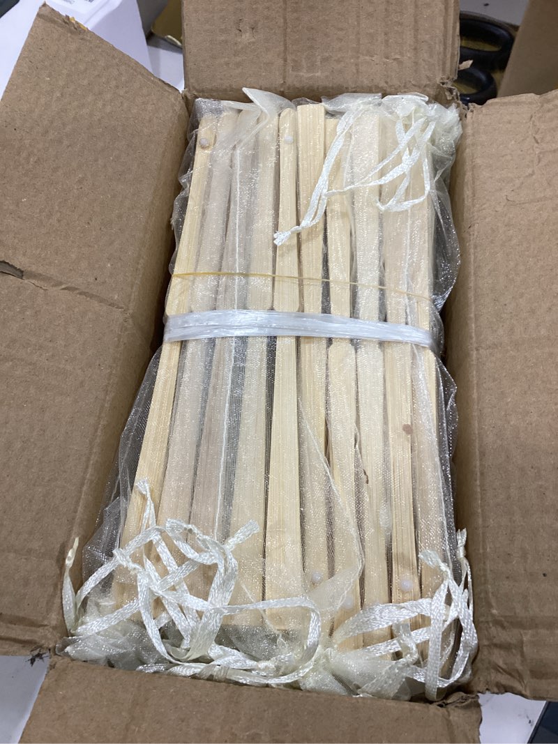 Condition photo showing Good Condition for sepwedd 50pcs cream-coloured imitated silk fabric bamboo folded hand fan bridal dancing props church wedding party favors with organza bags