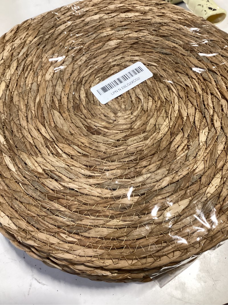 Condition photo showing As Is for 13 in round woven placemats plate chargers set of 12, boho farmhouse rustic woven place mats for kitchen dining party table decor, rattan wicker table mats jute braided chargers for dinner plates